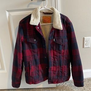 Levi’s Red Plaid Trucker Jacket with Sherpa Collar